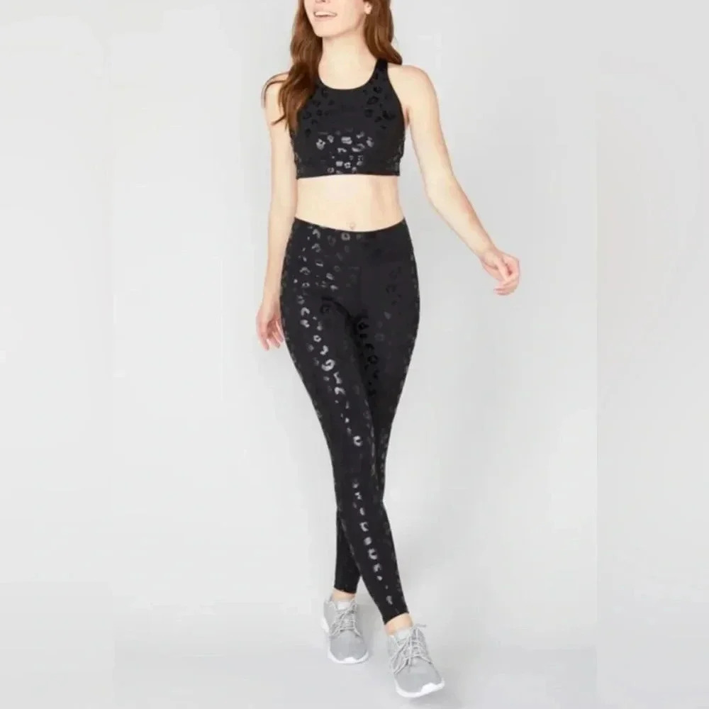 Woman TEREZ Black Cheetah Foil Printed Uplift Full Length Legging Pants Sz Small